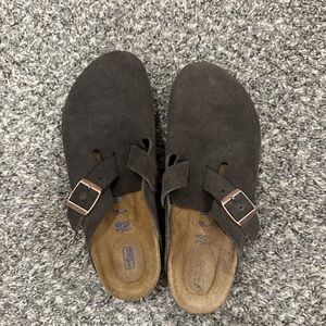 Brown suede Birkenstock boston clogs